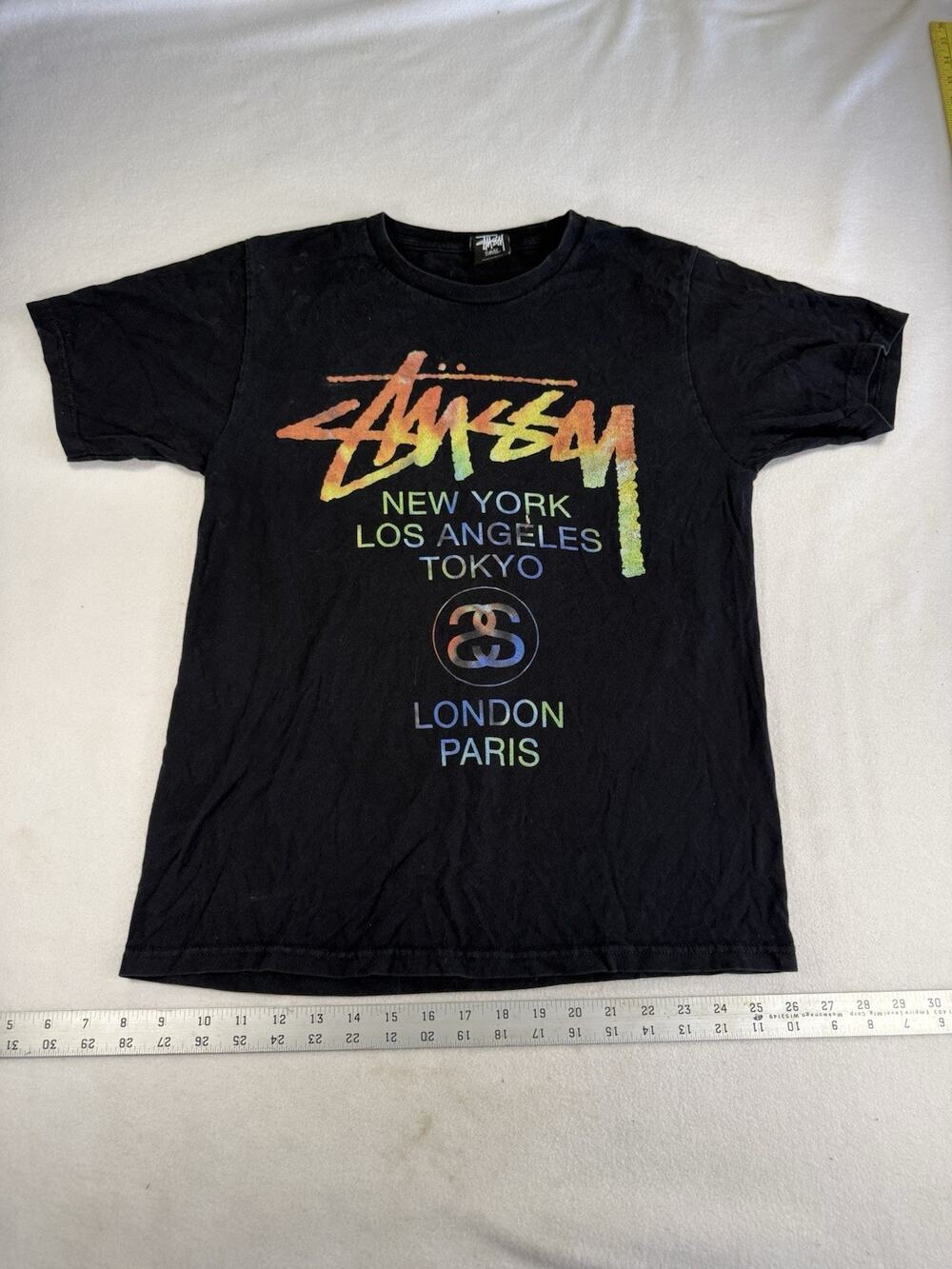 Stussy Black City Graphic Logo Print Knit Crew Neck Short Sleeve T-Shirt Men’s S